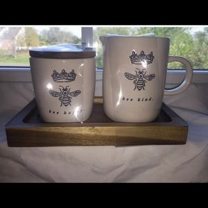 Rae Dunn 🐝HAPPY🐝KIND Creamer Set on Wood tray